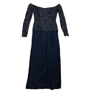 Joanna Mastroianni Vintage Beaded and Lace Off the Shoulder Gown Black Size 8